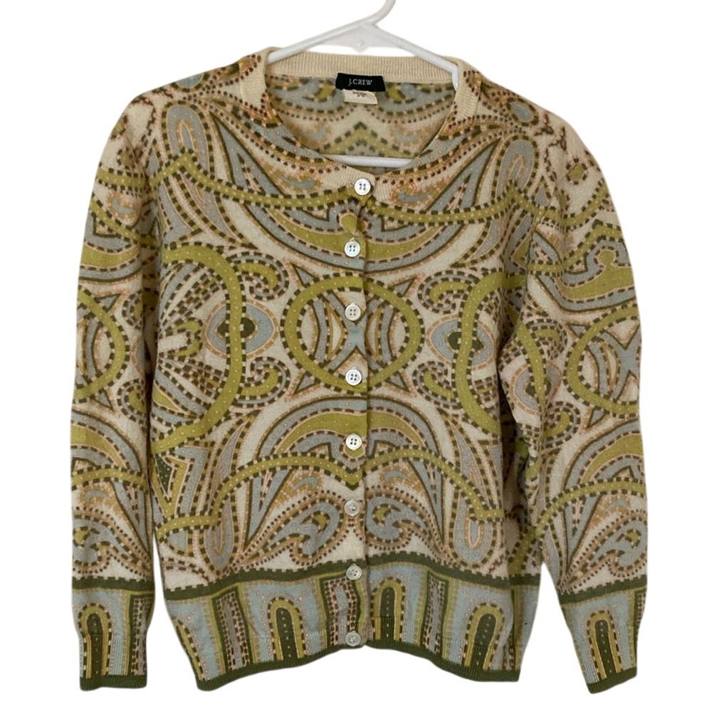 J Crew Girls Button Front‎ Cardigan Sweater Size S Blue Green Print Academia
